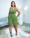 Fashion Sexy Camisole V-neck Burnt Eyelet Two-piece Set