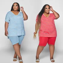 Fashion Large Size Open Forked Stripes Two-piece Set