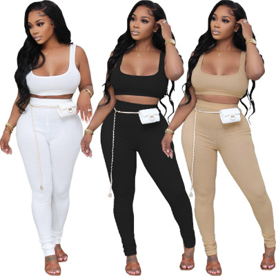 Pit-Ribbed Crop Tank Top Smocked Trousers Set