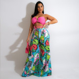 Fashion V-Neck Tube Top Printed Wide Leg Pants Casual Suit