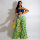 Fashion V-Neck Tube Top Printed Wide Leg Pants Casual Suit