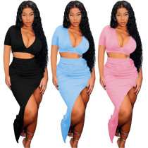 Personality Solid Color Beveled Long Skirt Short Sleeve Two-piece Set