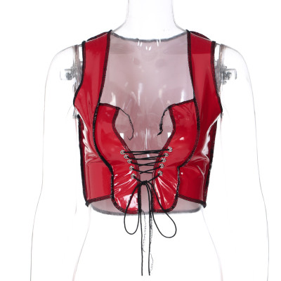 Fashion Lace-up PU Leather Stitching Vest