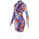 Fashion Print Long Sleeve Turtleneck Pack Hip Dress
