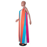 Casual Sleeveless Colorful Striped Long Dress
