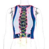 Hollow Contrast Color Vest With Hanging Ear Straps On The Chest