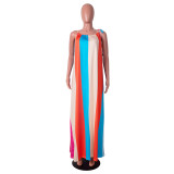 Casual Sleeveless Colorful Striped Long Dress