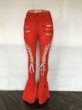 Mid-rise Vintage Ripped Hole Stretch Denim Flared Pants