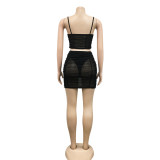 Sexy Suspenders Solid Color Mesh Gauze Bag Hip Skirt Two-piece Set
