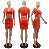 Solid Color Fashion Sexy Pleated Skirt Two Piece Set