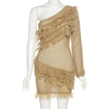 Sexy Slanted Shoulder Fringed Knitted See-through Hip Dress