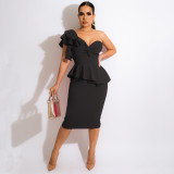 One-shoulder Ruffled Open-back Slim Tube Top Two-piece Set