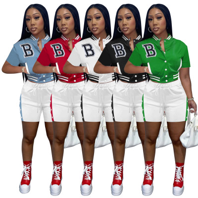 Contrast Color Baseball Uniform Button Up Sports Two-Piece Set