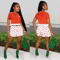 Summer Lip Print Slim Shorts Two-Piece Set