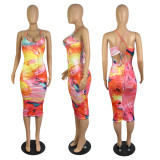 Trendy Graffiti Print Sling Cutout Sexy Dress