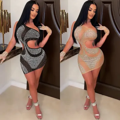 Fashion Sexy Nightclub Skinny Perm Drilled Hollow Dress