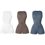 Sleeveless Solid Color Rompers + Shorts Two-piece Set