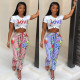 Striped Lace Up Pencil Pants Floral Print Two-Piece Set
