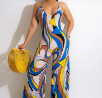 Sexy Sleeveless Open-Back Printed Sling Wide-Leg Jumpsuit