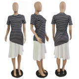 Striped-print Paneled Short-sleeve Dress