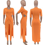 Solid Color Sexy Hollow Slit Two-piece Set