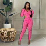 Solid Color Sexy Hole Hollow Zipper Jumpsuit
