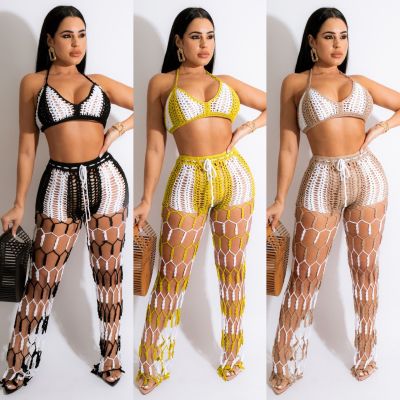 Hollow Perspective Beach Fishnet Color Matching Hand Hook Sexy Suit