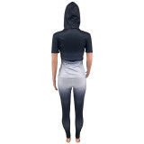 Gradient Zip Hooded Short Sleeve Two Piece