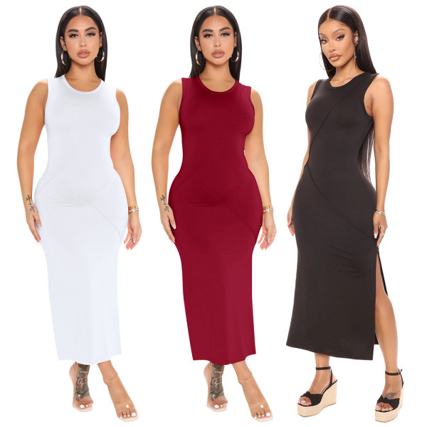 Solid Color Sexy Round Neck Fashion Slit Vest Long Skirt
