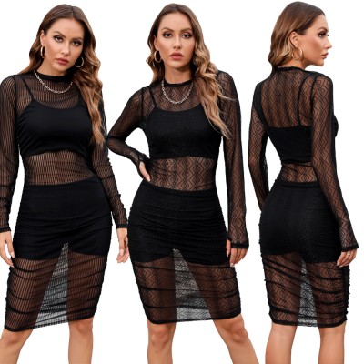 Nightclub Network Yarn Dress + Small Vest + Shorts Three-piece Set