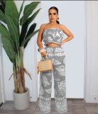 Chest Wrap Loose Print Casual Two-Piece Set