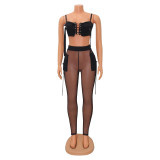 Sexy Solid Color Perspective Mesh Trousers Two-piece Set