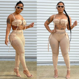 Sexy Solid Color Perspective Mesh Trousers Two-piece Set