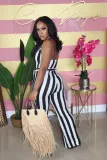 Fashion Casual Color Stripe Print Strap Sexy Jumpsuit