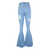 Fashion Solid Color Ripped Micro Flared Jeans