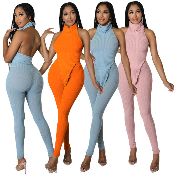 Solid Color Turtleneck Open Back Sexy Slim Two-piece Suit