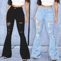 Fashion Solid Color Ripped Micro Flared Jeans
