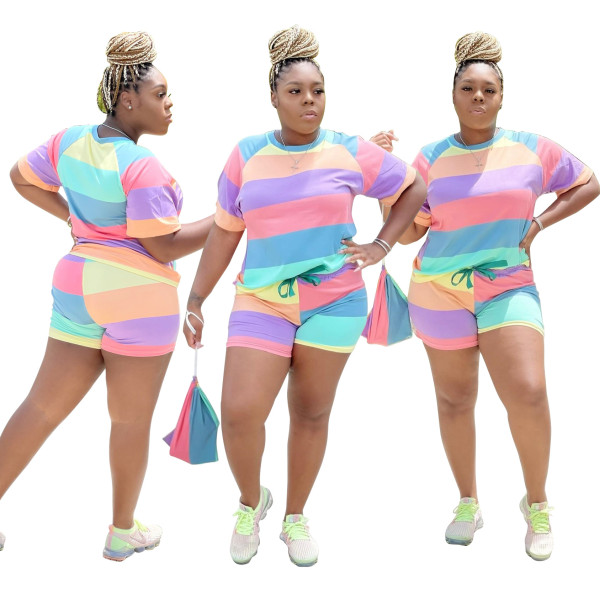 Casual Colorful Striped Sports Two-Piece Set