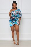 Sexy One-sleeve Slanted Shoulder Small Floral Print Dress