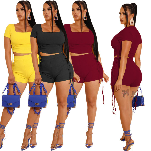 Summer Solid Color Fashion Drawstring Casual Shorts Set