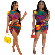 Tie-Dye Print Knotted Pleated Skirt Set