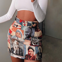 Casual High Waist Portrait Print Pack Hip Zip Skirt