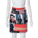Casual High Waist Portrait Print Pack Hip Zip Skirt