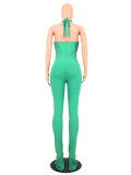 Sexy Solid Color Backless Pants Foot Slit Jumpsuit