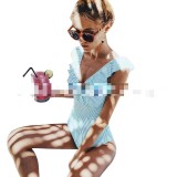 Sexy Striped V-Neck Backless One-Piece Ruffle Swimsuit