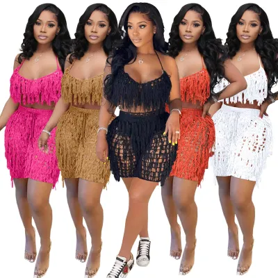 Sexy Sheer Knit Hook Fringe Beach Shorts Set