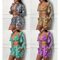 Casual Printed Bikini Shorts Casual Three Piece Set