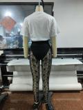 Irregular Split Letter Print T-shirt Lace See-through Trousers Two-piece Set
