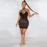 Sexy Suspenders Wrap Chest Hot Drilling Mesh Gauze Perspective Dress