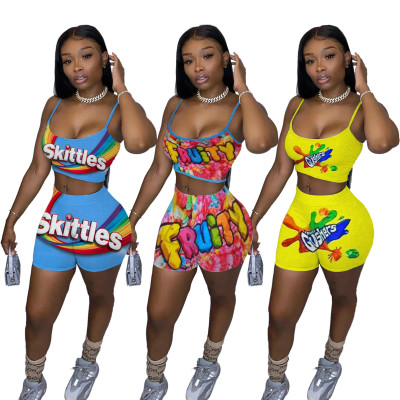 Fashion Casual Print Camisole Top Shorts Two Piece Set